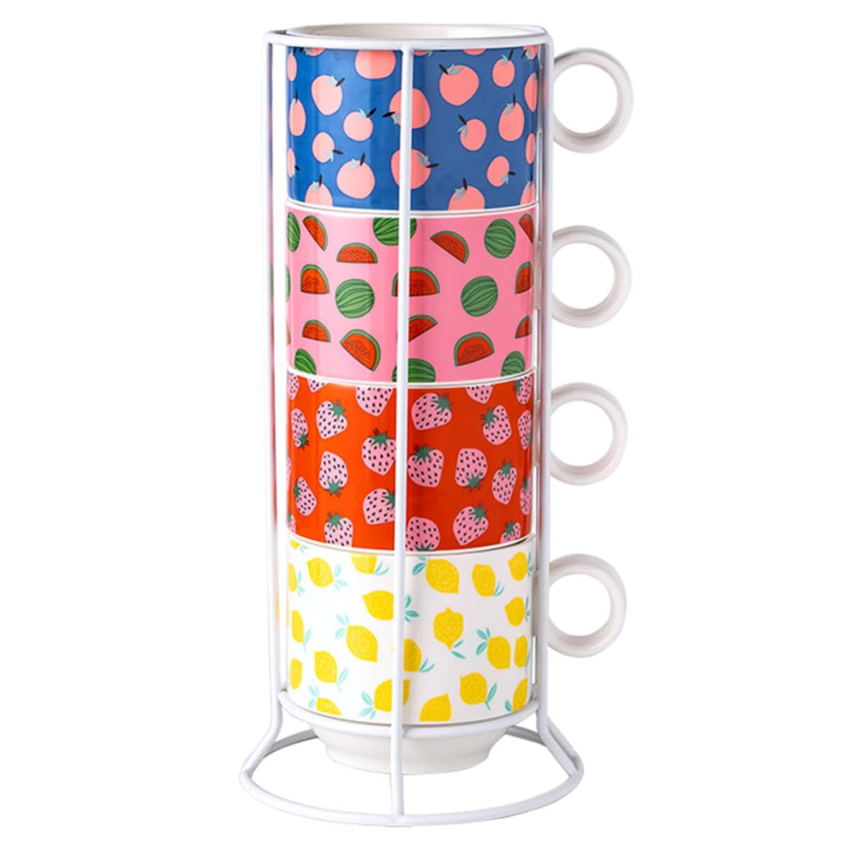 Set 4 Tazzine Impilabili in Ceramica da 200ml Supporto in Ferro, Salvaspazio e Facile da Riporre per Casa e Ufficio