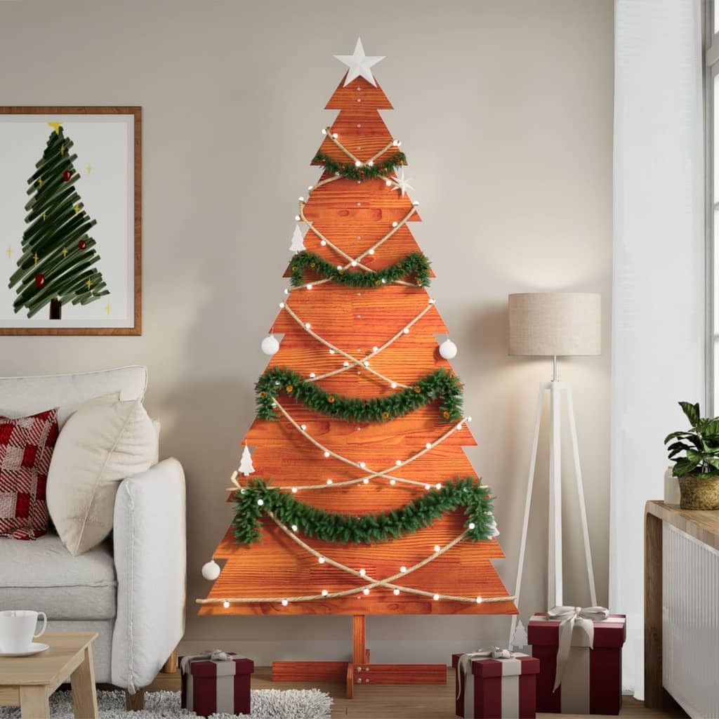 Homgoday Sapin de Noël en bois pour décoration d'intérieur ou d'extérieur - Marron ciré - 180 cm - Pin de Noël avec support en métal