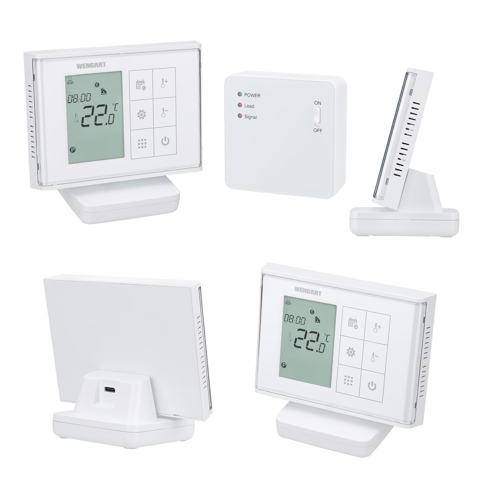 Wengart Termostato Inalámbrico RF WG010RF para Caldera de Gas y Suelo Radiante, Sin Cables, Programable, Pantalla con Pilas o USB, Receptor de Contacto Seco (Sin Voltaje), Blanco