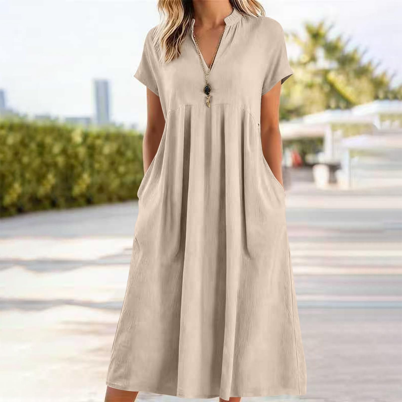 Abito Lino Donna Abito Estivo a Maniche a 3/4 Lungo in Cotone Scollo a V Largo Vestiti da Spiaggia Vestito Boho Chic Vacanza Comodo Taglie Forti Vestito Ideale per vacanze, lavoro e uso quotidiano