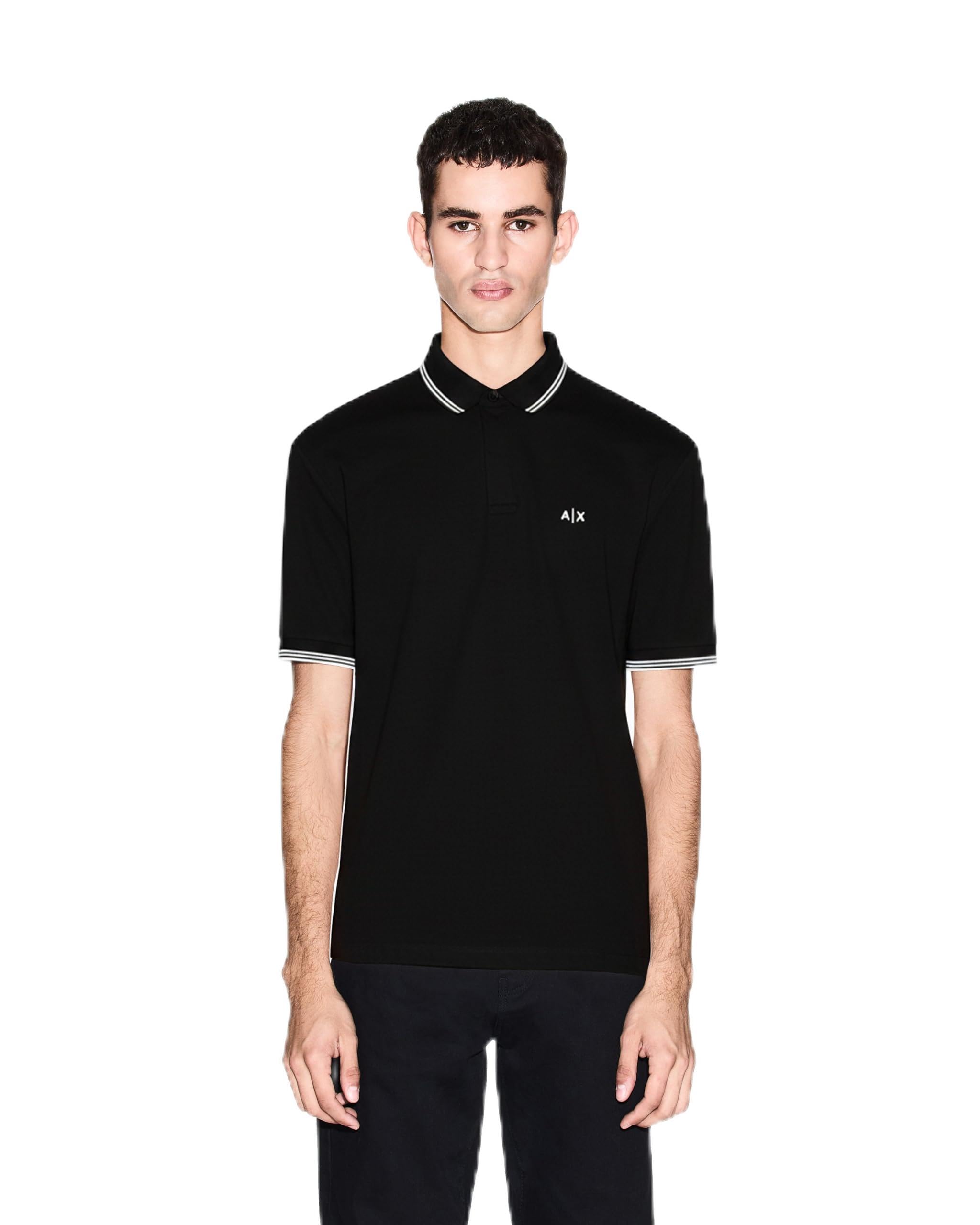 Armani Exchange Men's Essential, Double Striped Sleeve and Collar Side Monogram Logo Polo Shirt, Black, XXL