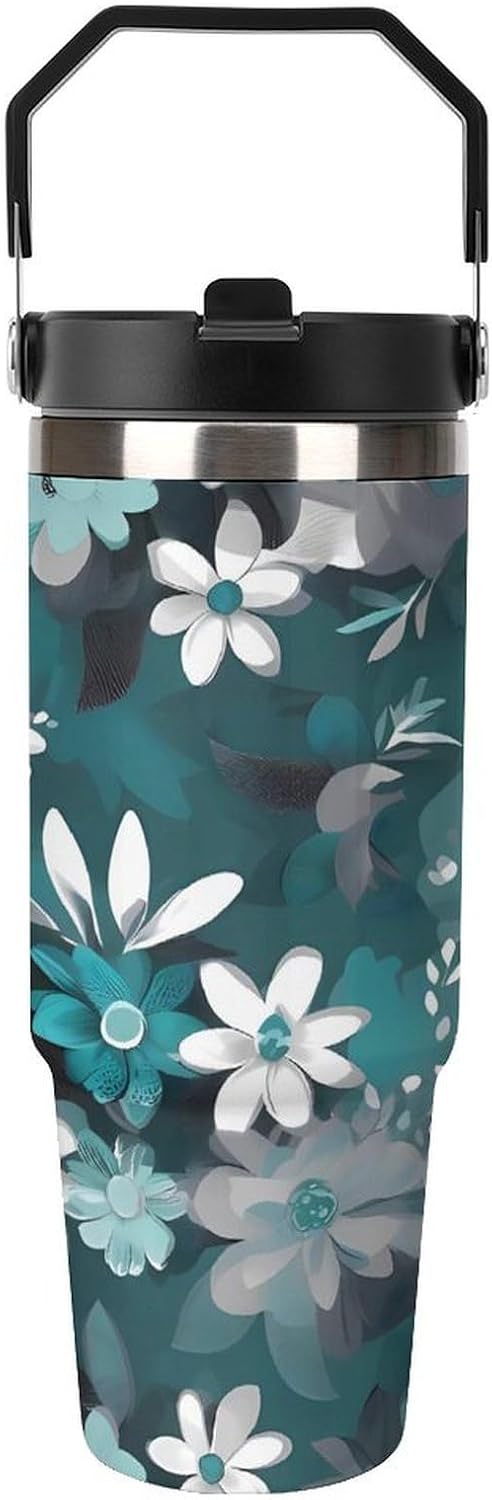 Teal Grey And White Floral_76917038 Water Bottle 30 Oz Fits Car Cup Holder,Insulated Coffee Mug Large Capacity Car Cups,Stainless Steel Double Wall Sport Bottle for Travel Sports Gym