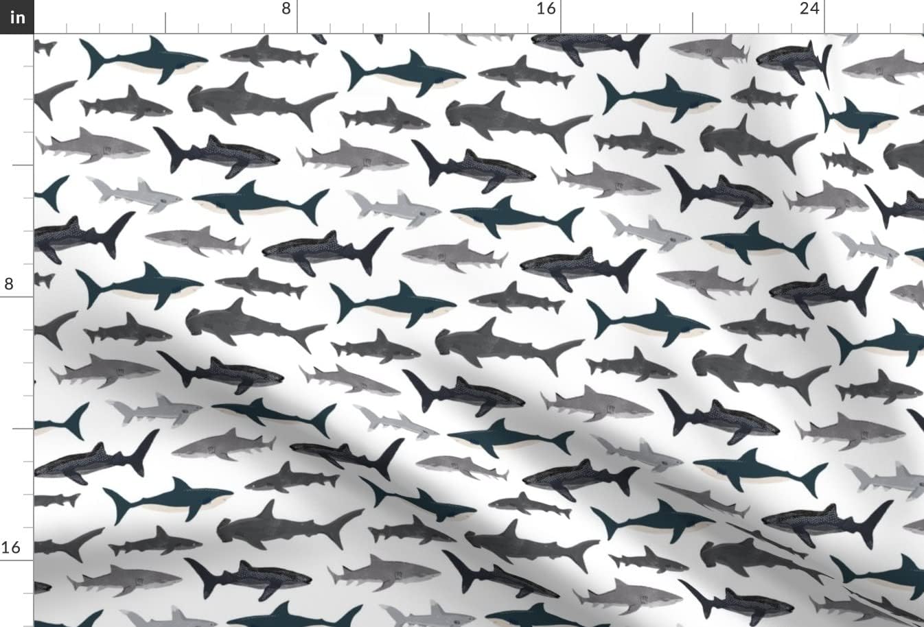 Spoonflower Fabric - Watercolor Sharks Modern Nautical Sea Life Ocean Animals Hammerhead Printed on Satin Fabric by The Yard - Sewing Lining Apparel Fashion Blankets Decor