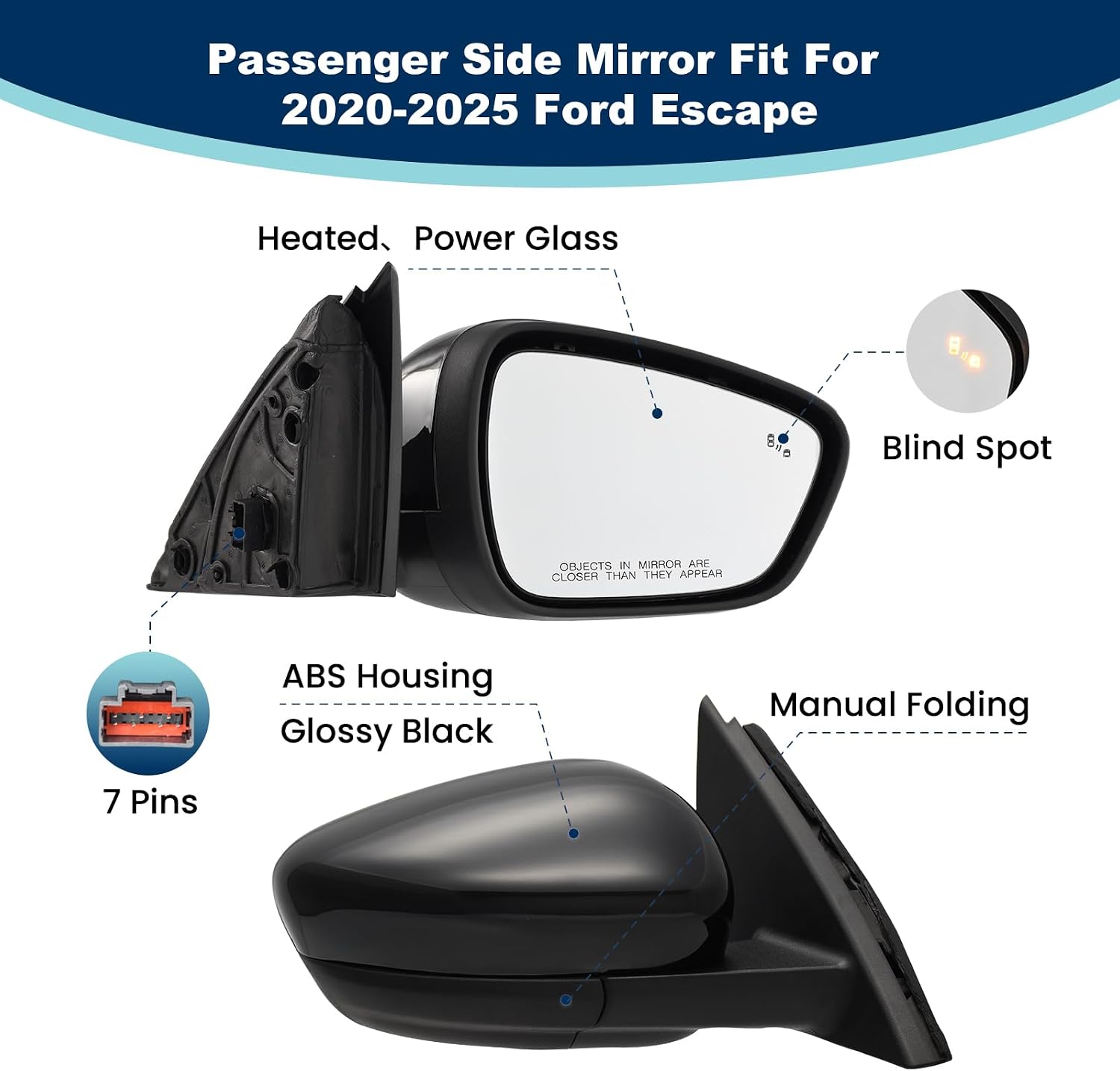 Right Passenger Side Mirror Replacement Fits Ford Escape 2020-2025 With Heated、Power Glass、Blind Spot、Match Glossy Black Cover Replace #LJ6Z-17682-AFT LJ6Z-17682-DA LJ6Z-17682-DB (7 Pins)