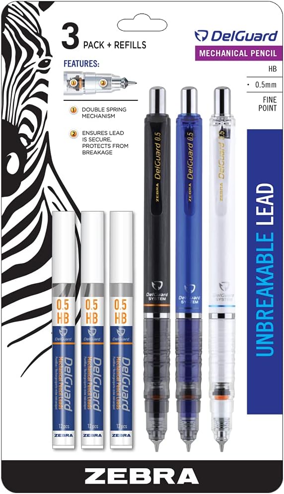 DelGuard Mechanical Pencil, Fine Point, 0.5mm, Black/Blue/White Barrel, Lead Refills, Refillable, 3-Pack