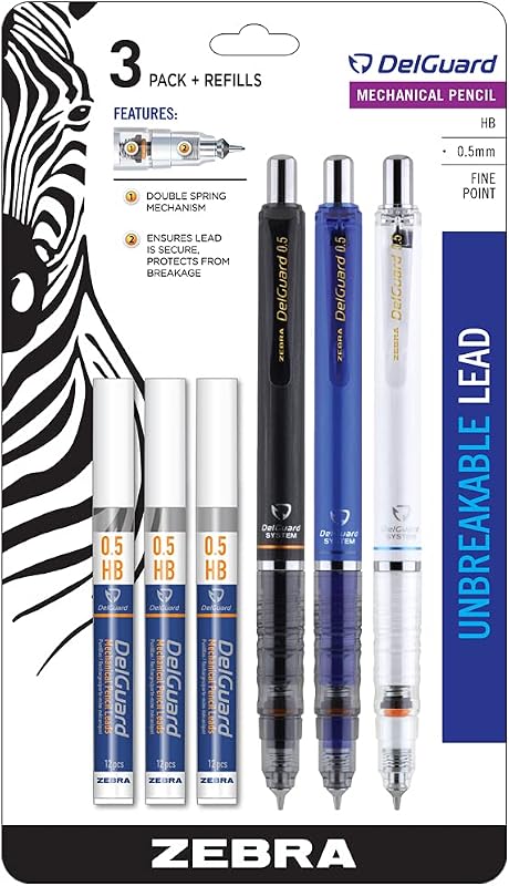 DelGuard Asstd Barrel Mechanical Pencil, 0.5mm, Fine Point, 3-Pk | Break-Resistant Lead, Double-Spring Protection, Built-In Eraser, Ideal for School Supplies and Note-Taking, + Refills (58603)