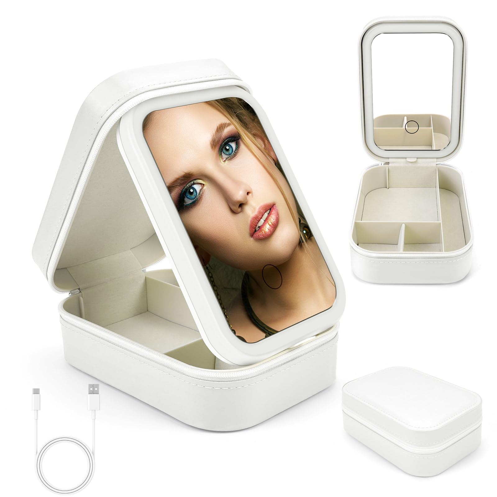 POFIBO Neceser con Espejo y Luz - Organizador de Maquillaje con Espejo, Neceser de Maquillaje con Espejo LED de 3 Colores, Recargable por USB, Pequeño Estuche de Cosméticos de Viaje, Regalo para Mujer
