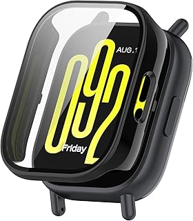 جراب واقي متوافق مع ساعة شاومي ريدمي 5 اكتيف من فرونجرت، غطاء من البولي كربونات مضاد للخدش مع طبقة زجاج مقوى متوافق مع ساعة شاومي ريدمي 5 اكتيف. أسود