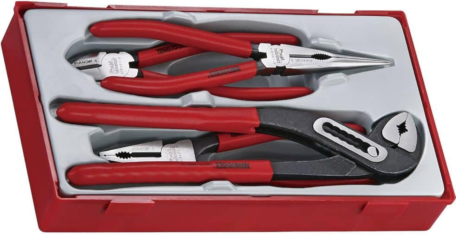 Teng Tools 4 Piece Plier Set Tool Tray (Side Cutters, Linesman, Long Nose, Water Pump) - TT440, Silver