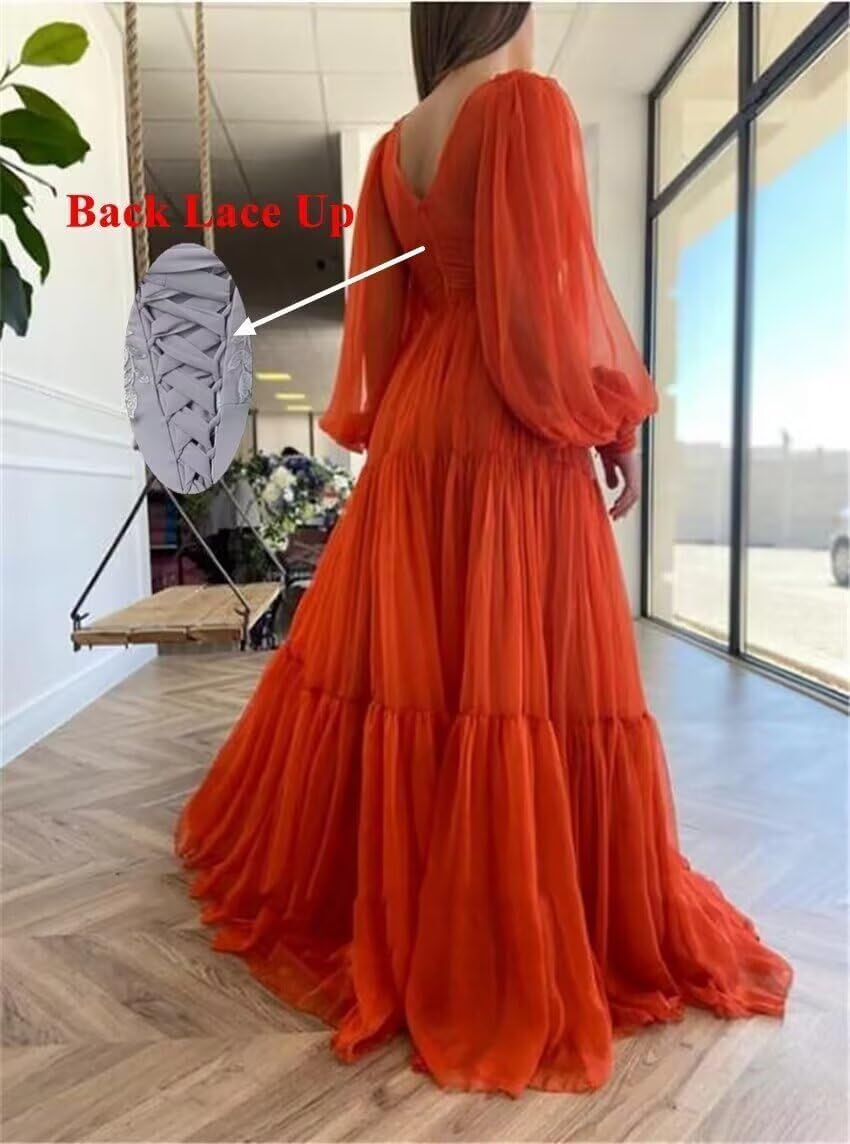 Puffy Long Sleeve Tulle Prom Dresses for Women's 2025 Floor Length A-Line Ball Gowns V-Neck Evening Party Dresses