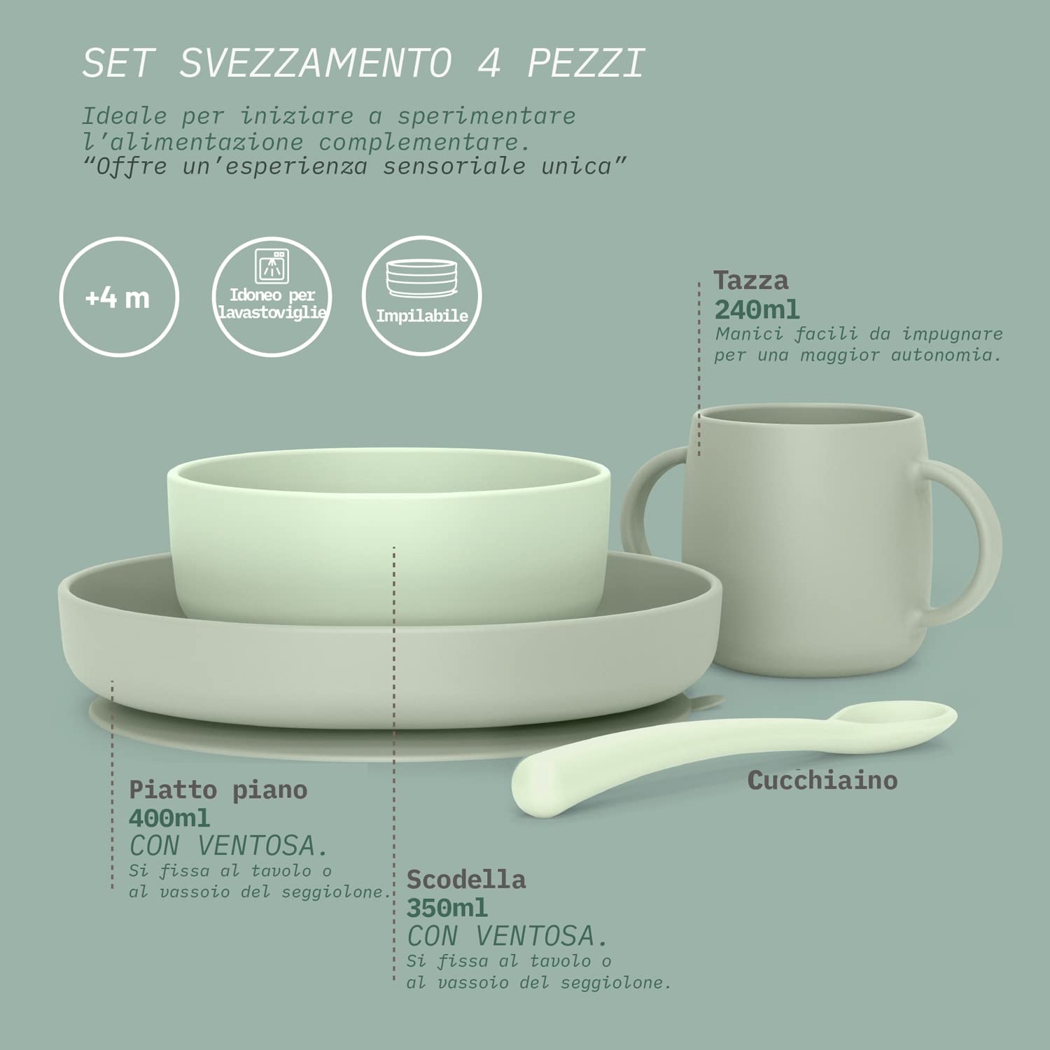 Suavinex, Stoviglie per Bambini in Silicone, con Ventosa Resistente. Include: Ciotola da 350 ml + Piatto da 400 ml + Tazza da 240 ml + Cucchiaio, +4 Mesi. Colour Essence, Verde