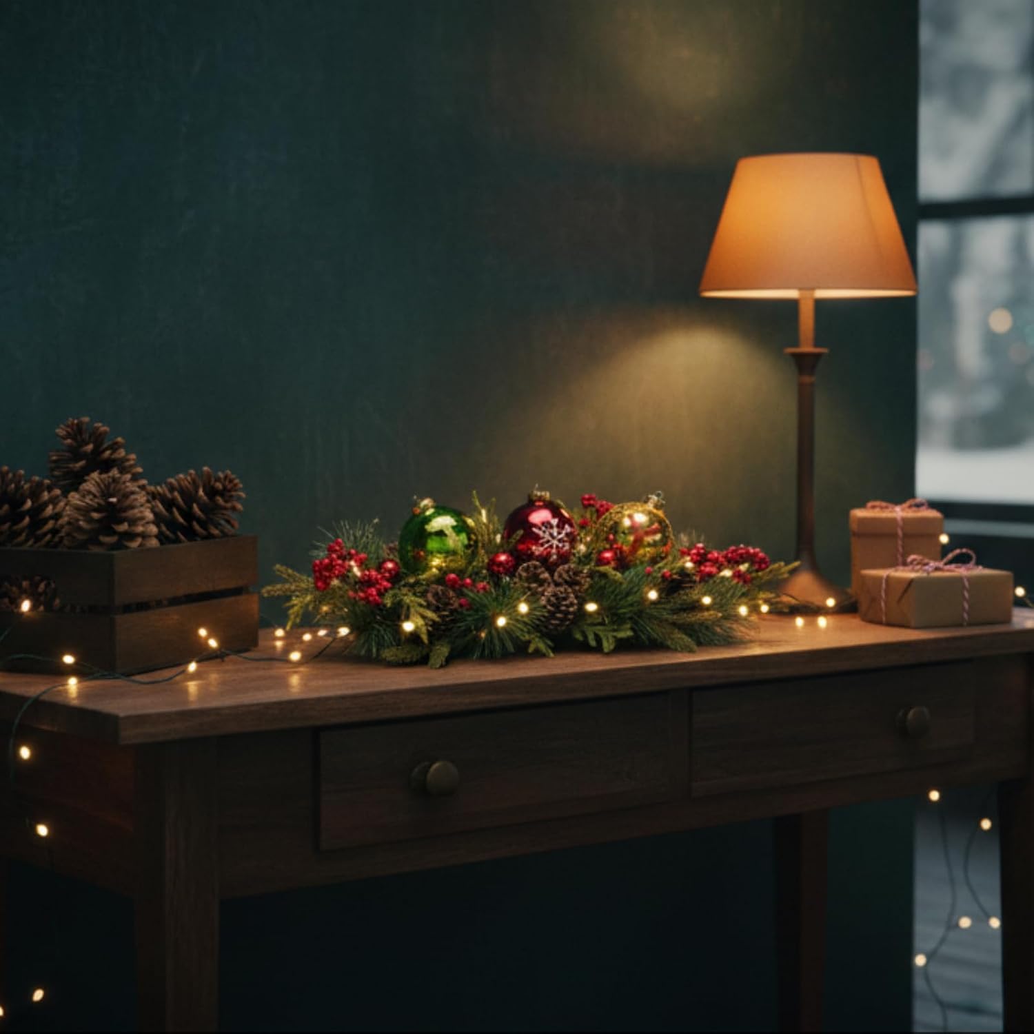 Svndlyn Lighted Christmas Joy Centerpieces for Tables with Pinecones Cedar Branches Pine Needles Red Berries and Balls Ornaments Tabletop Christmas Decor for Mantel Fireplace Dining Table