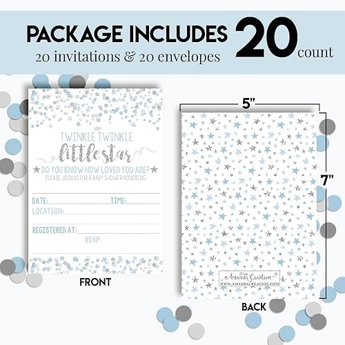 Miniatura 4 de AmandaCreation - Invitaciones para baby shower con diseño de estrella, color azul y plateado, 20 tarjetas de relleno de 5 x 7 con veinte sobres