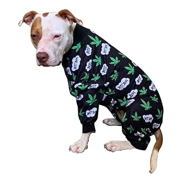 Tooth and Honey Pitbull Pajamas/Lightweight Pullover Pajamas/Full Coverage Dog pjs/Dog Onesie Jumpsuit/Green Pot Leaf Print Clothes Medium Large