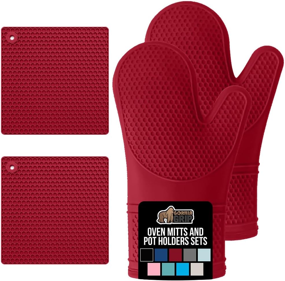 Gorilla Grip Heat and Slip Resistant Silicone Oven Mitt and Trivets Set, Waterproof, Cotton Lined Gloves, BPA-Free, Long Cooking Mitts and Trivet Mats, Kitchen Potholder Sets for Pans, 4 Pieces, Red