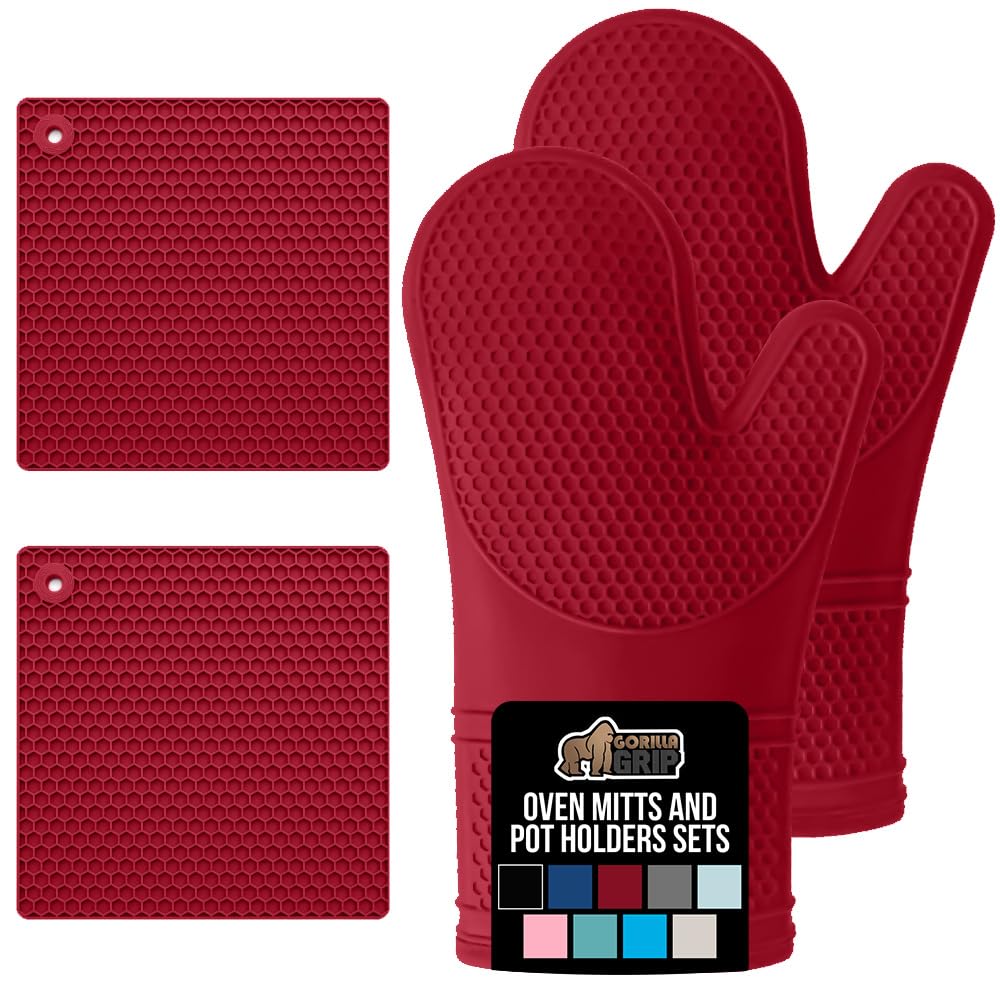 Gorilla Grip Heat and Slip Resistant Silicone Oven Mitt and Trivets Set, Waterproof, Cotton Lined Gloves, BPA-Free, Long Cooking Mitts and Trivet Mats, Kitchen Potholder Sets for Pans, 4 Pieces, Red