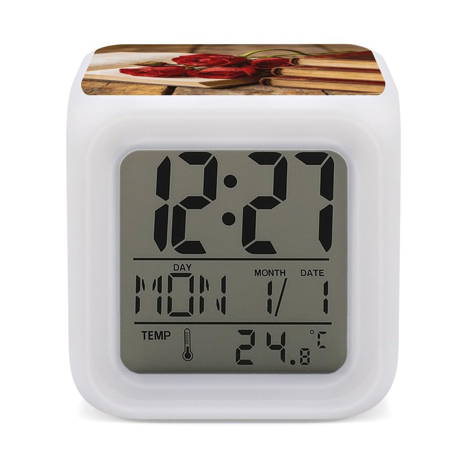 LZQPOEAS Books and Roses Alarm Clock with 7 Color Changing Nightlight for Bedroom Calendar Temperature Display Wake Up Digital Clock Small Desk Clocks for Heavy Sleepers Adults