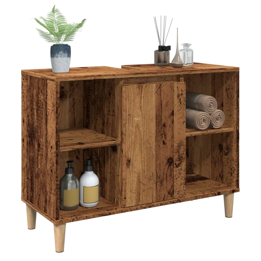 Szafka łazienkowa o wyglądzie starego drewna, materiał drewnopochodny, 80 x 33 x 60 cm, szafka łazienkowa z drzwiami i otwartymi półkami, szafka pod umywalkę z półką, regał dla gości WC i