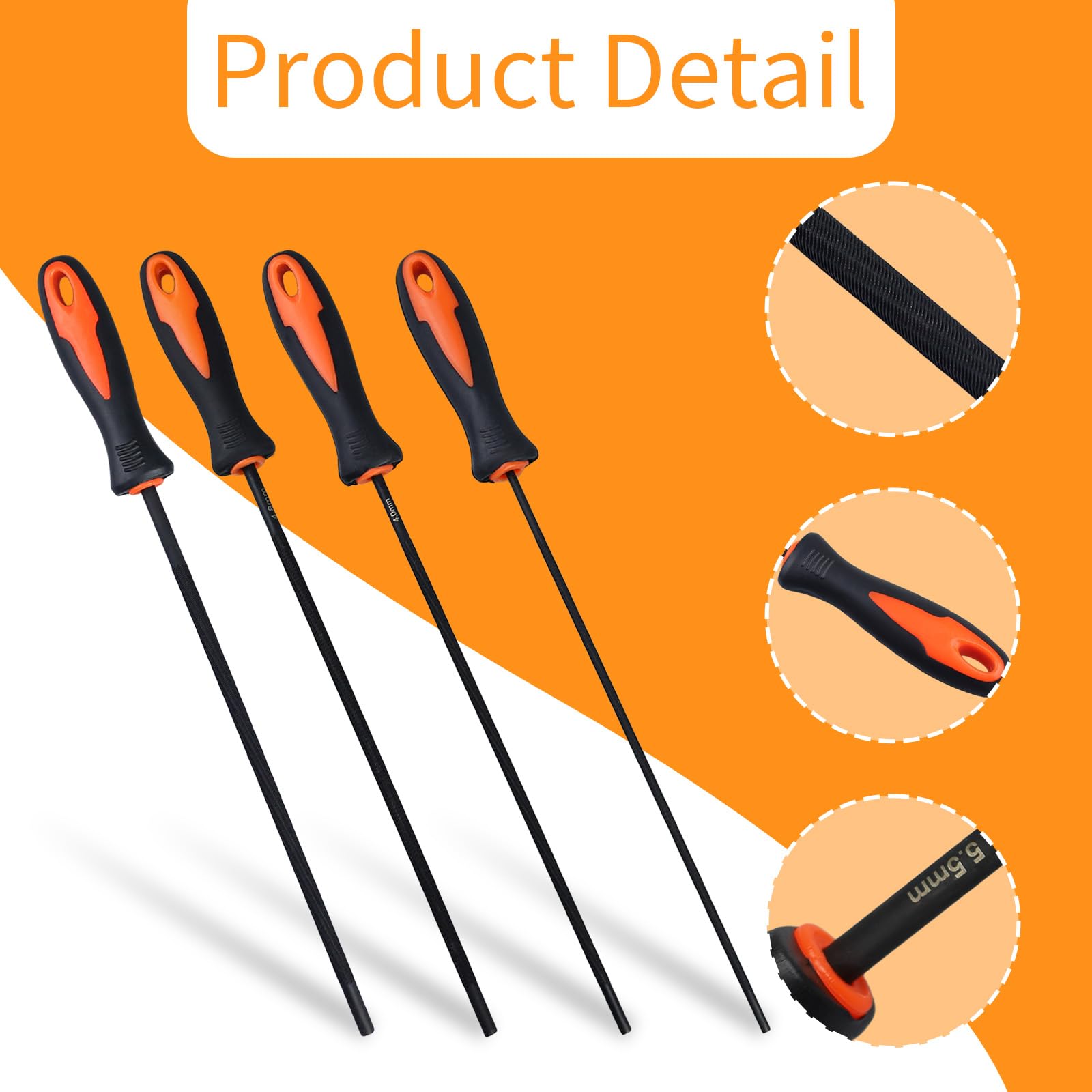 Set di lime per motosega, 4 pezzi, 3,2 mm, 4,0 mm, 4,8 mm, 5,5 mm, lime per motosega con impugnatura ergonomica, affilatura precisa per motoseghe piccole e grandi