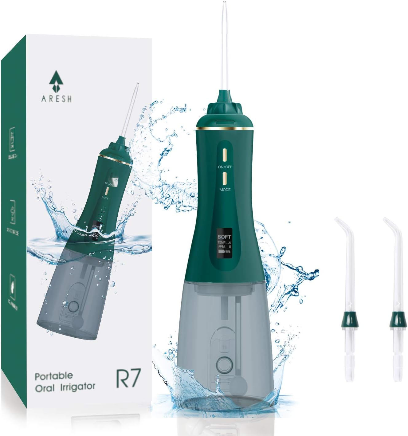 ARESH Power Dental Flossers,Rechargeable Cordless Water Flosser-5 Modes Professional Dental Oral Lrrigator,IPX7 Waterproof/350ML Water Tank and 2 Interchangeable Jet Tips for Home and Travel-Green : Health & Household