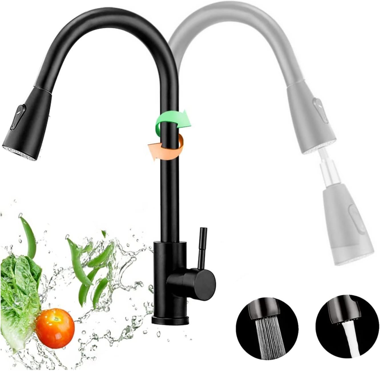 Grifo De Cocina Negro Con Pulverizador Extraíble, Grifo De Fregadero De Acero Inoxidable De Arco Alto, Apto Para Granja, Caravana, Lavandería, Caravana, Bar, Grifos De Cocina Para 1 O 3 Agujeros