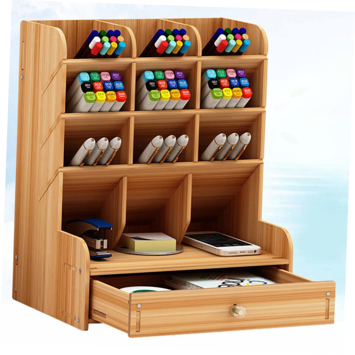 Didiseaon Portapenne in Legno Scomparti Multipli, Organizer da Scrivania | Ufficio e Casa, Capiente e Solido, Stile Moderno Creativo Vani Versatili per Accessori