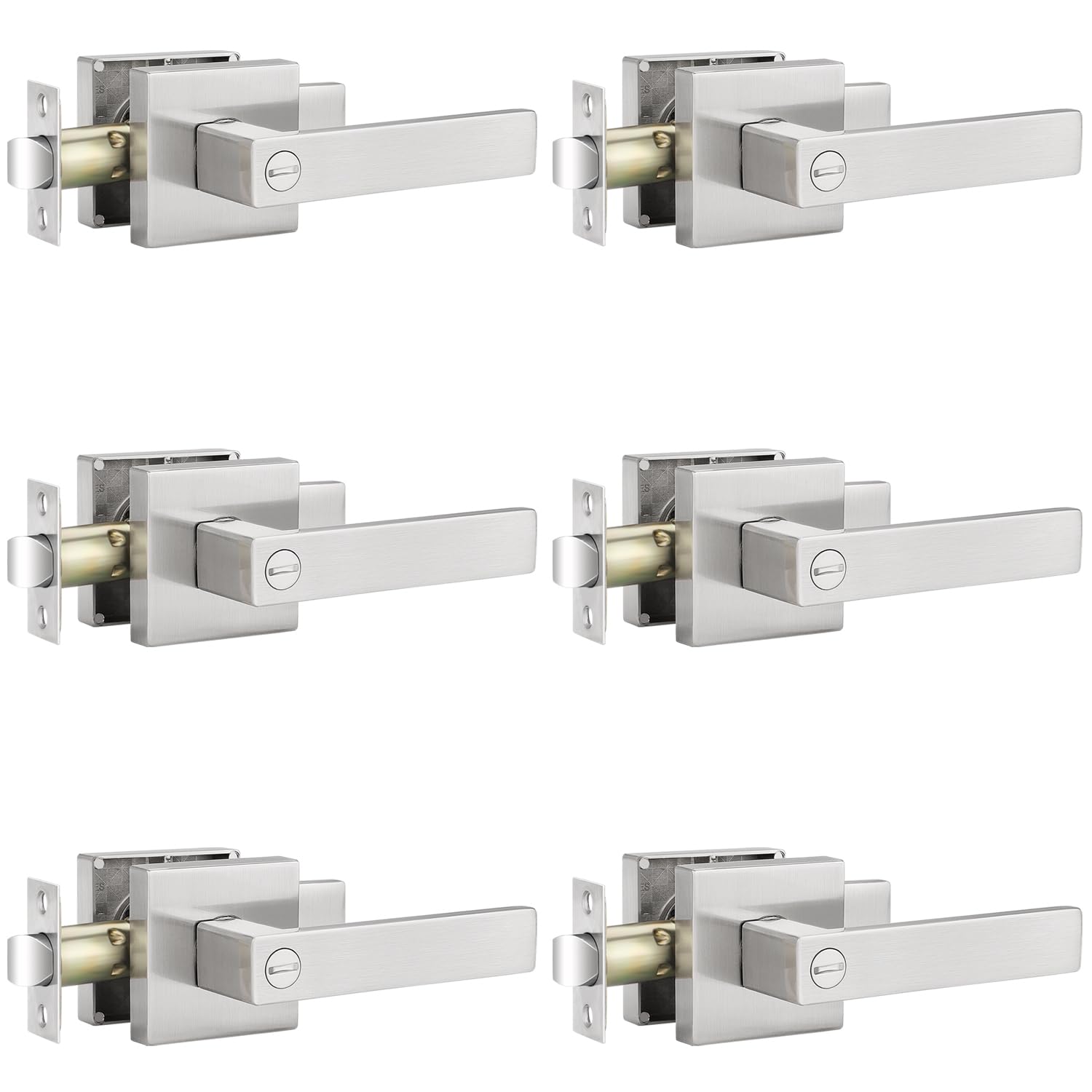 EHOMEWARE 6 Pack Brushed Nickel Door Handles, Privacy Door Knobs Interior, Bedroom Door Knobs with Lock, Keyless Bathroom Door Knob, Square Door Lever