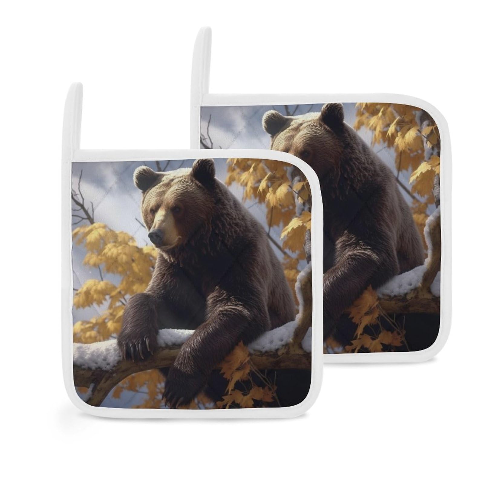 Pot Holders Set of 2 Kitchen Heat Resistant Potholders Bear on The Branch Cotton Lining Oven Hot Pads for Cooking Baking BBQ Microwave Kitchen Accessories