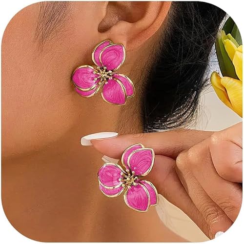 Hot Pink Flower Earrings Large Floral Statement Stud Earrings