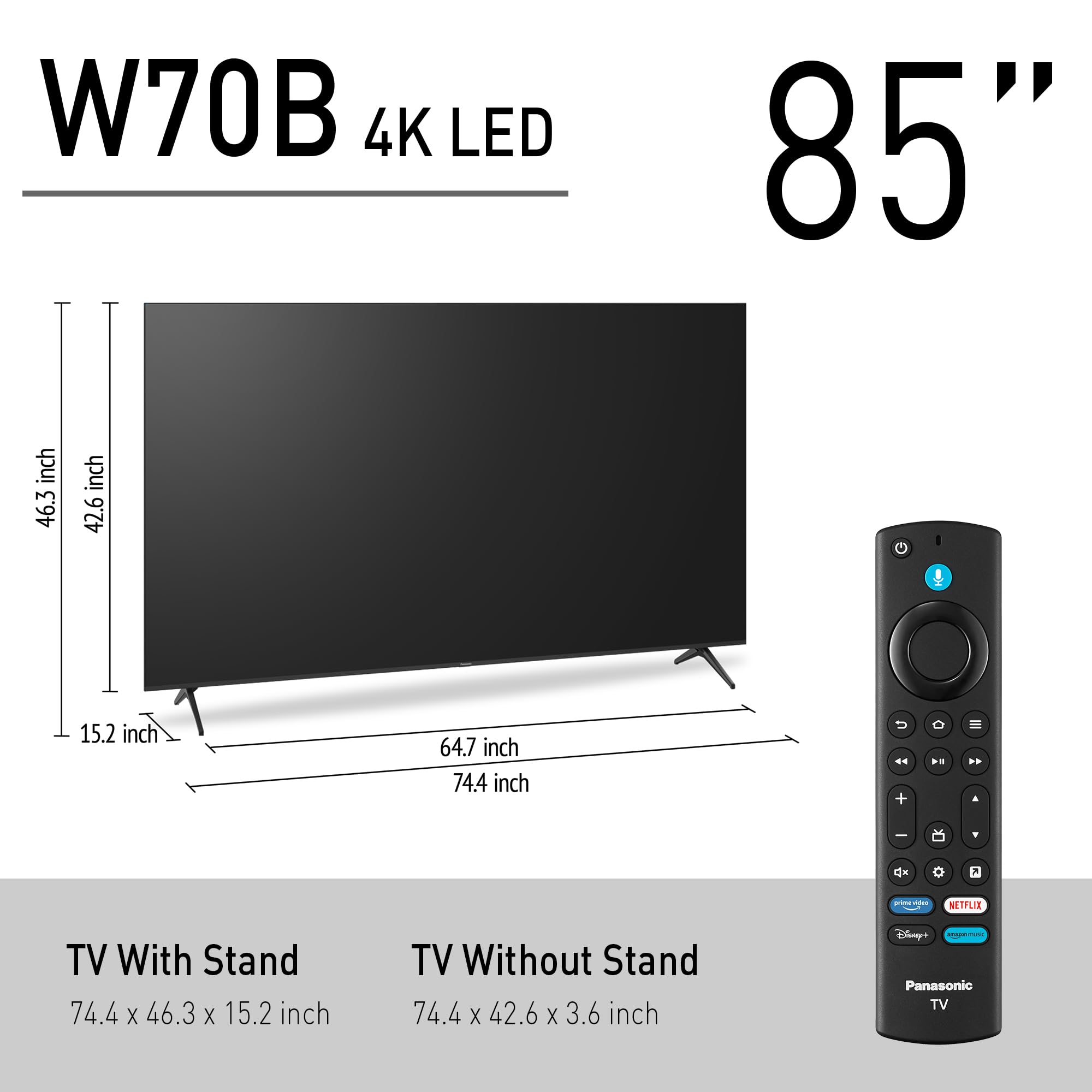 Panasonic W70 Series (2025 Model) 85" LED 4K Ultra HD Smart Fire TV, Press & Ask Alexa, Apple AirPlay, HDR10+, HDMI 2.1, and Bluetooth Support - 85W70BP