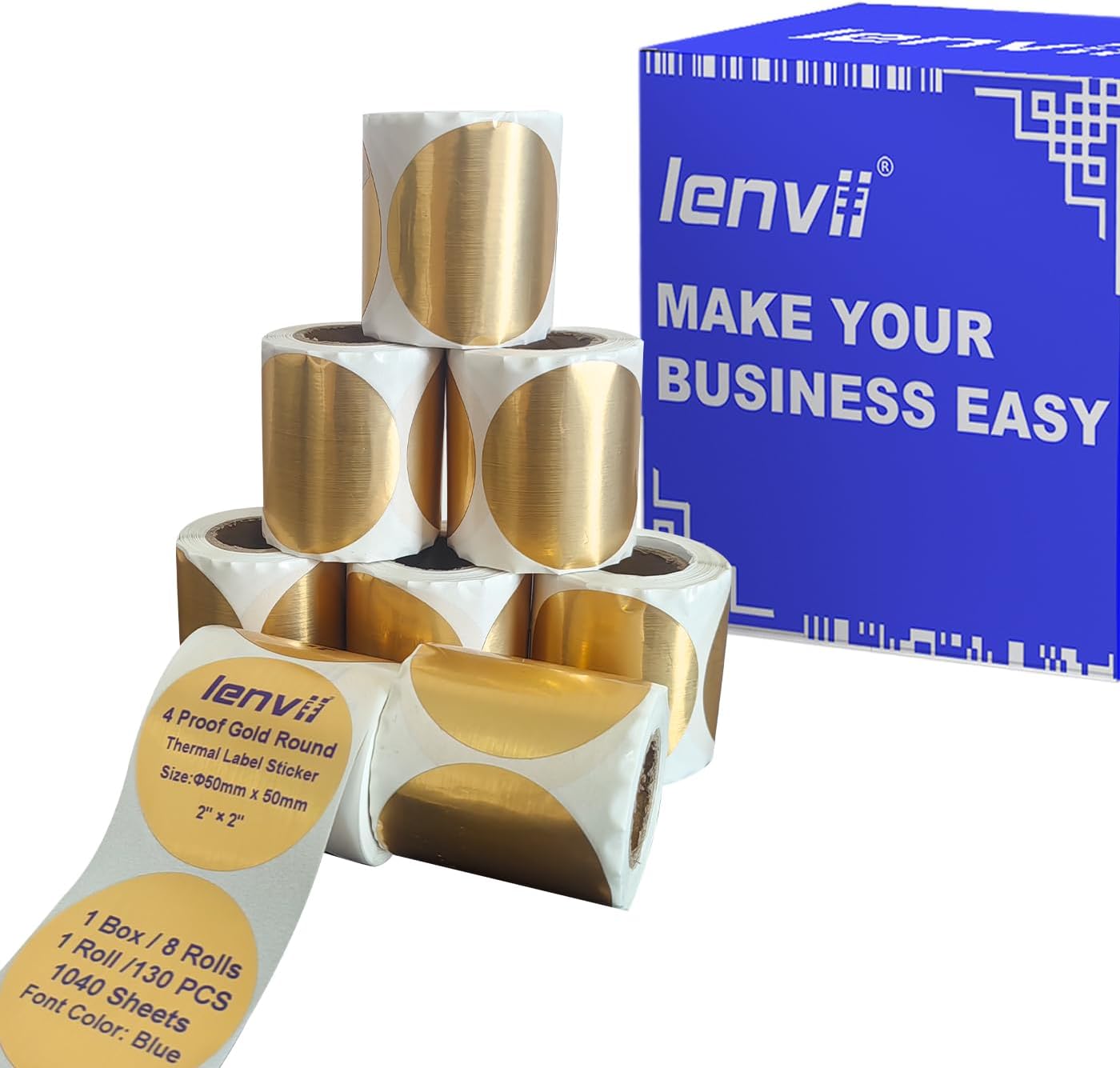 LENVII 2"x2" Gold Round Thermal Labels 1040 Sheets - 8 Roll × 130 Label,Print Blue Font Tag Paper, Tear/Water/Oil/Scratch Resistant Multipurpose Self-Adhesive Sticker for Logo,Product/Gift Labeling