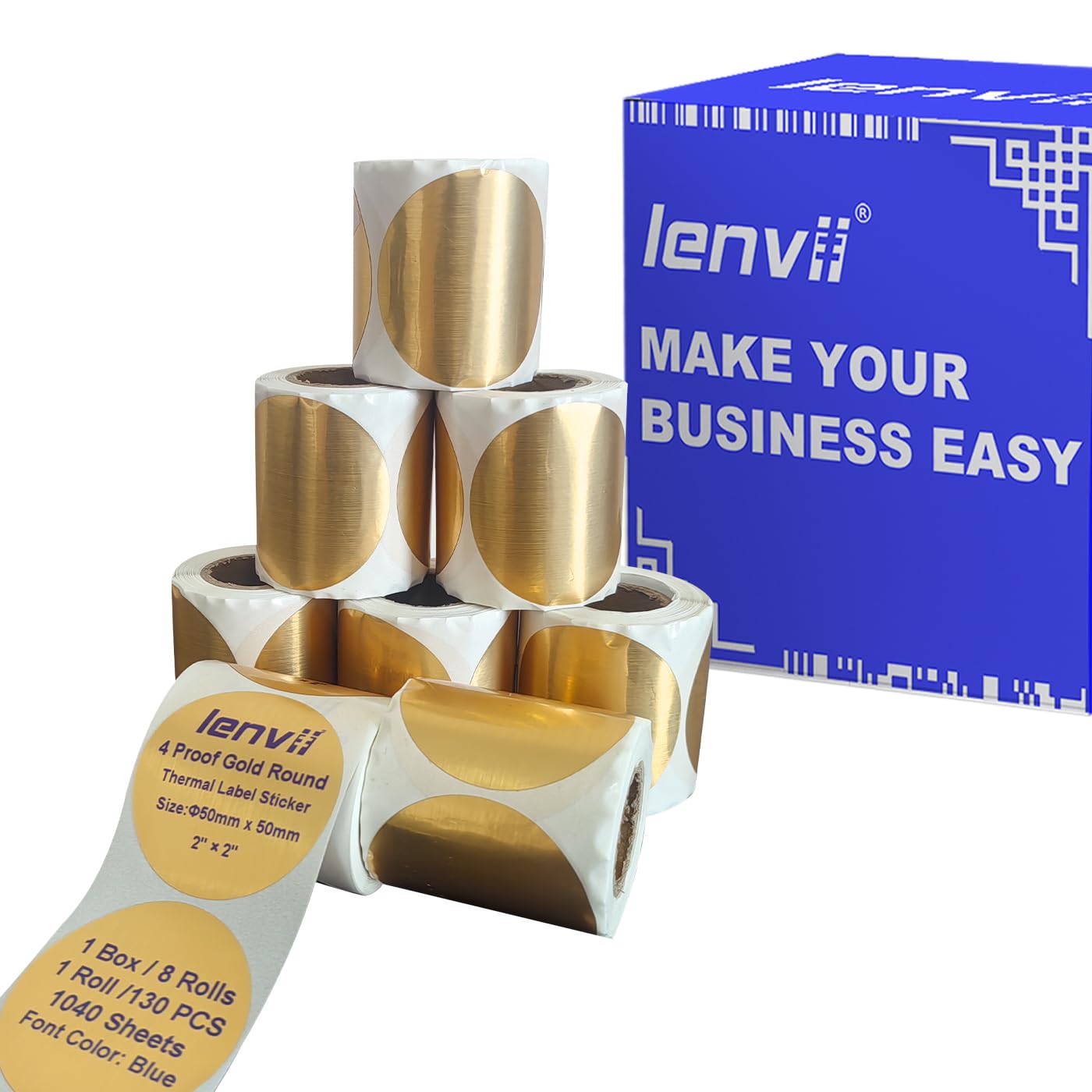 LENVII Carattere Blu 50mm x 50 mm (2" x 2") Etichette Termiche Rotondo Dorate 1040 Fogli - 8 Rotoli × 130, Adesivi Resistenti a Strappi/acqua/Olio/Graffi per Loghi, Etichettatura di Prodotti/Regali