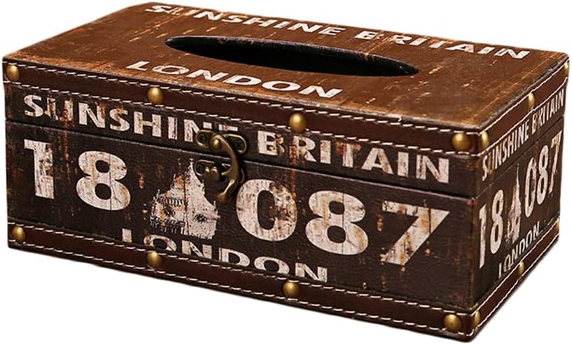 Vintage Chic Shabby Wooden Tissue Box Holder Rectangle Handcraft Tissue Paper Box Cover Napkin Organizer Holder Home Storage Room Office Car Decoration with Metal Lock (London)