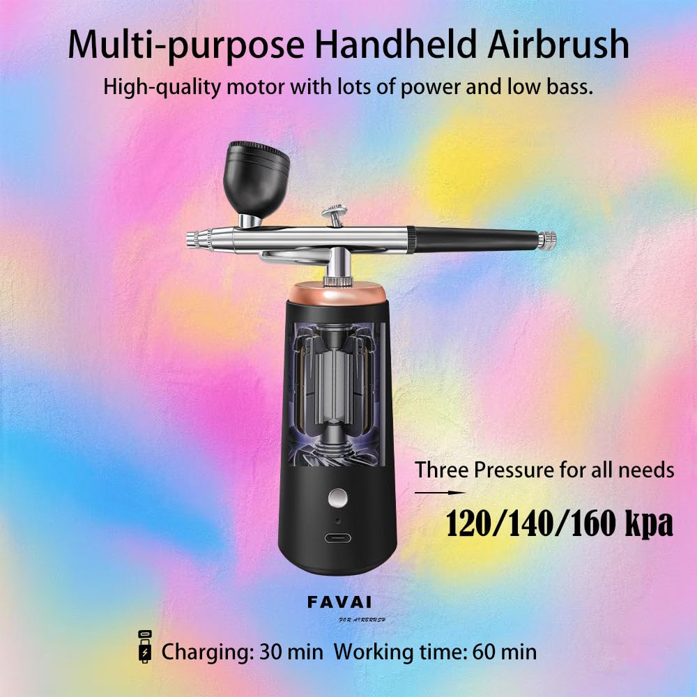 FAVAI Airbrush-Set, kabellos, mit Luftkompressor, drei Drucke, 120/140/160 kPa – Schwarz 2.0
