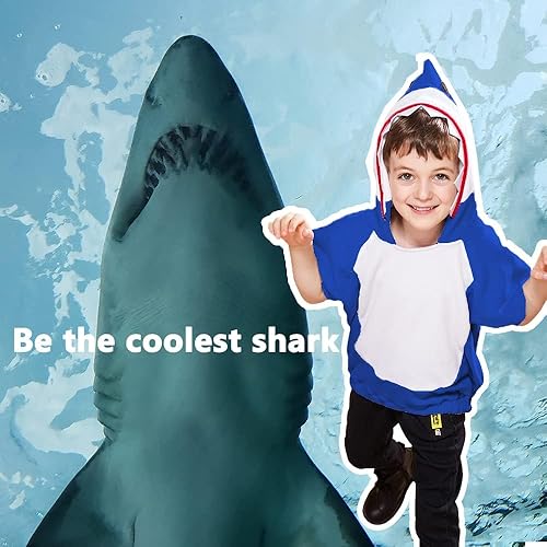Miniatura 6 de EraSpooky Sudadera corta con capucha de tiburón para niños, disfraz de tiburón para Halloween, traje de animal de manga corta