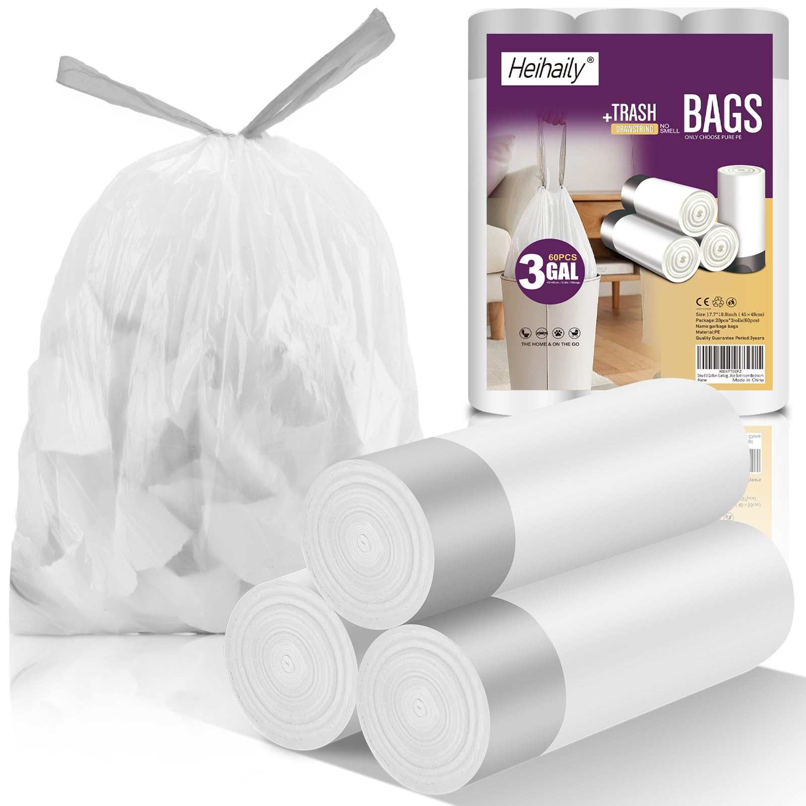 Photo 1 of Heihaily 3 Gallon Garbage Bags - 60 Count Unscented Drawstring
