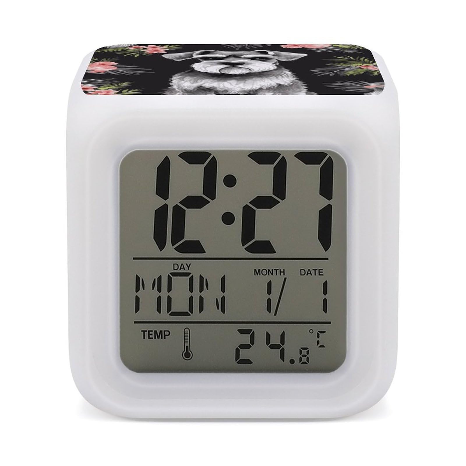 FekiLoot Schnauzer Alarm Clock for Heavy Sleepers Small Digital Alarm Clock with Date Temperature Wake Up Digital Clocks with 7 Colors Changing Desk Clocks for Bedroom Bedside Nightstand