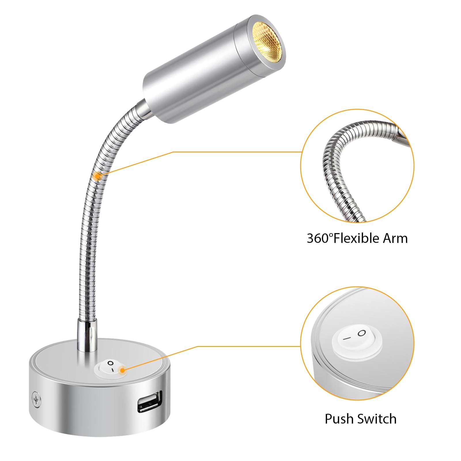 ANYPOWK 12V Leselampe Mit USB - 3 Farbtemperaturen & Schwanenhals