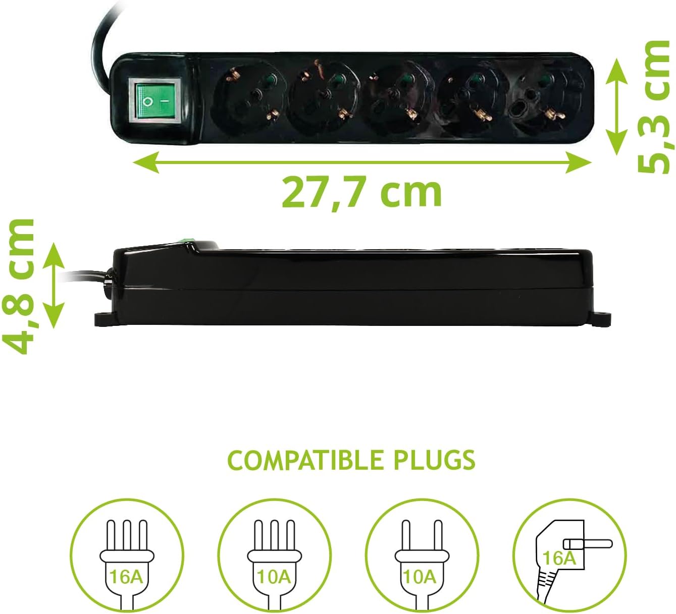 Tecnoware Power Systems - Multipresa Elettrica con 5 Uscite SCHUKO/Italia 10/16A | Interruttore Luminoso | Child Protection | Cavo 150 cm | Eco-Friendly, Nero, 5 Uscite, Tecnoware 5 Uscite Schuko/Italia Ingresso Italia - Immagine 3