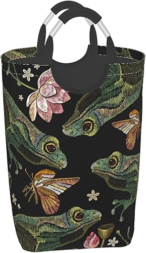Duduho Cesta de ropa sucia con diseño de ranas vintage con flores de loto y mariposas con asas, organizador de almacenamiento de juguetes, cubo