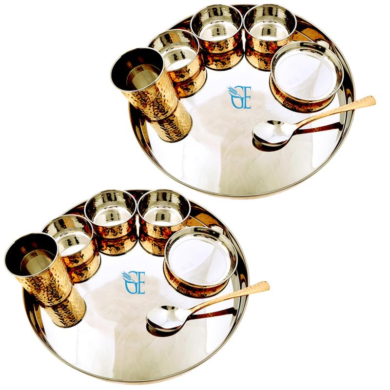 GRAINEX ENGINEER Stainless Steel Copper Hammered Finish Dinner Set of 1 Thali, 3 Bowl, 1 Water Glass, 1 Dessert Spoon, 1 Sweet Dish (Thali Diameter 13 inch) Set of 2