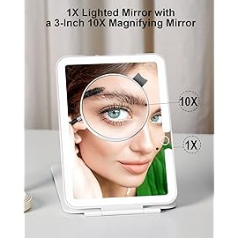 LUKYMIRO Rechargeable Travel Makeup Mirror with Lights and10x Magnification, 70 LEDs 3 Color Lights, Foldable Beauty Mirror, Portable Lighted Mirror Offwhite with Carrying Case
