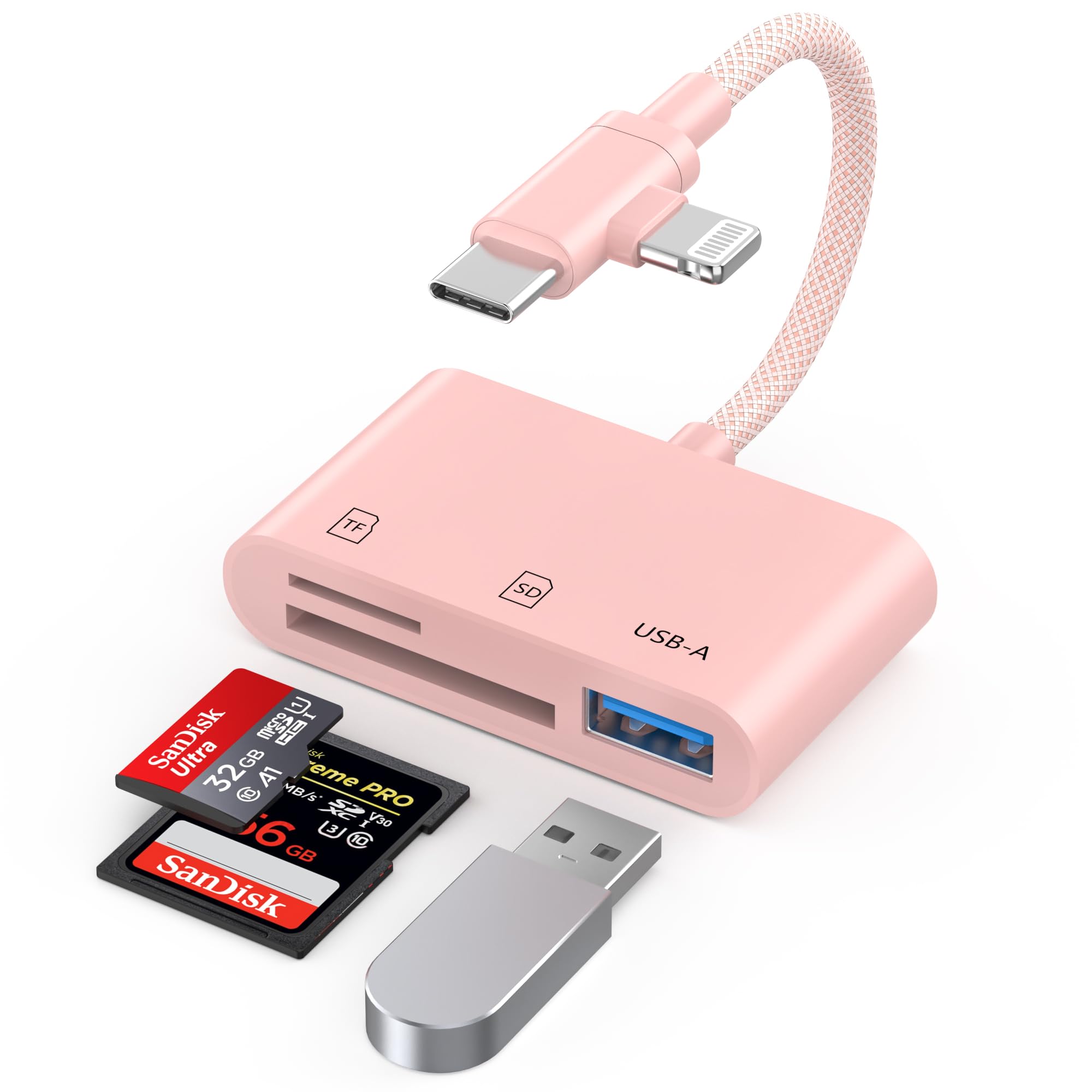 Pink 3 in 1 SD Card Adapter for iPhone, USB-C & Lightning, SD/TF/USB-A | Plug & Play, No App Needed; USB 3.0 High-Speed Reader With Braided Cable For SD/TF/USB-A Fast Photo Transfer-picture-48