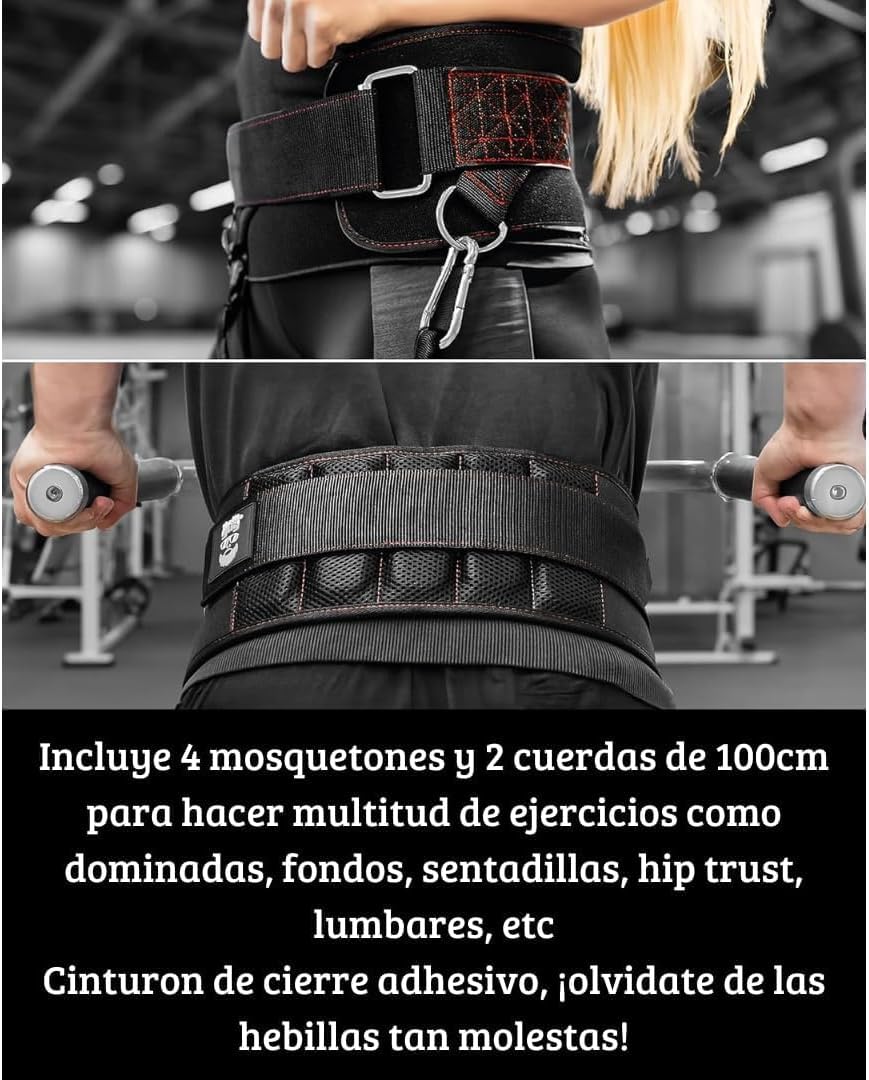 Cinturon Lastre Dominadas con 1 Cuerda de 100 cm y 2 Mosquetones Talla Unica | Cinturon de Lastre Gimnasio va Acolchado y Aguanta 250Kg