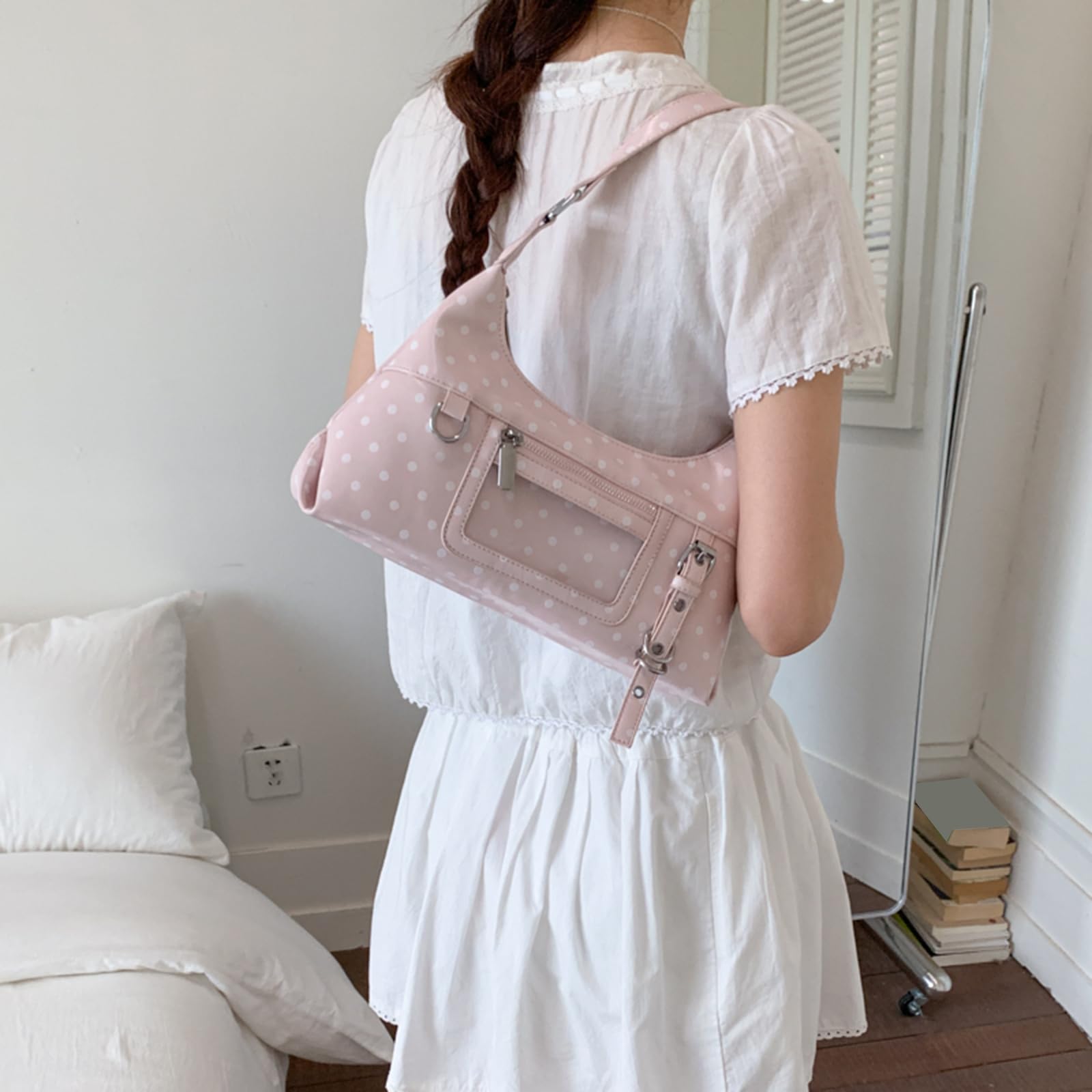 Bolso vintage lunares de piel sintética para mujer, bandolera de viaje