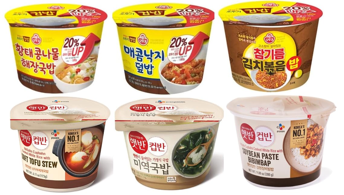 Ottogi + CJ Cupbop/ Cupbap/ Dupbap/ Cup Rice/Cup Bahban Microwavable Rice Bowls Variety Pack Assorted Set - Instant Cooked Rice With Dried Pollack Soup, Spicy Octopus, Kimchi Fried Rice With Sesame Oil, Soft Tofu Stew, Seaweed Soup, Soybean Paste Bibimbop -오뚜기 황태 콩나물 해장국, 오뚜기 매콤낙지, 오뚜기 참기름 김치 볶음밥, CJ햇반 순두부 찌개국밥, CJ햇반 미역국밥, CJ햇반 강된장 비빔밥 - 6 Pack Set