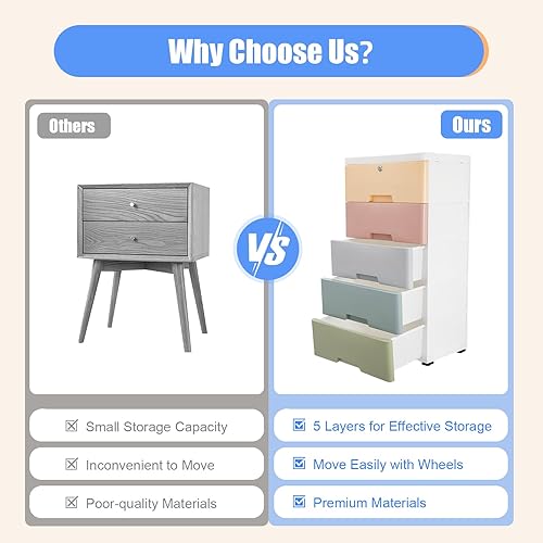 Miniatura 9 de Organizador de almacenamiento de cajones de plástico, contenedores de almacenamiento apilables con ruedas y 5 cajones, organizadores de armario y