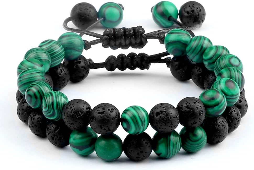 8mm Men Bracelets Black Lava Beads Bracelet Tiger Eye Adjustable Braided Rope Bangles Couple Distance Women Yoga Jewelry,Blue Tiger Eye Set