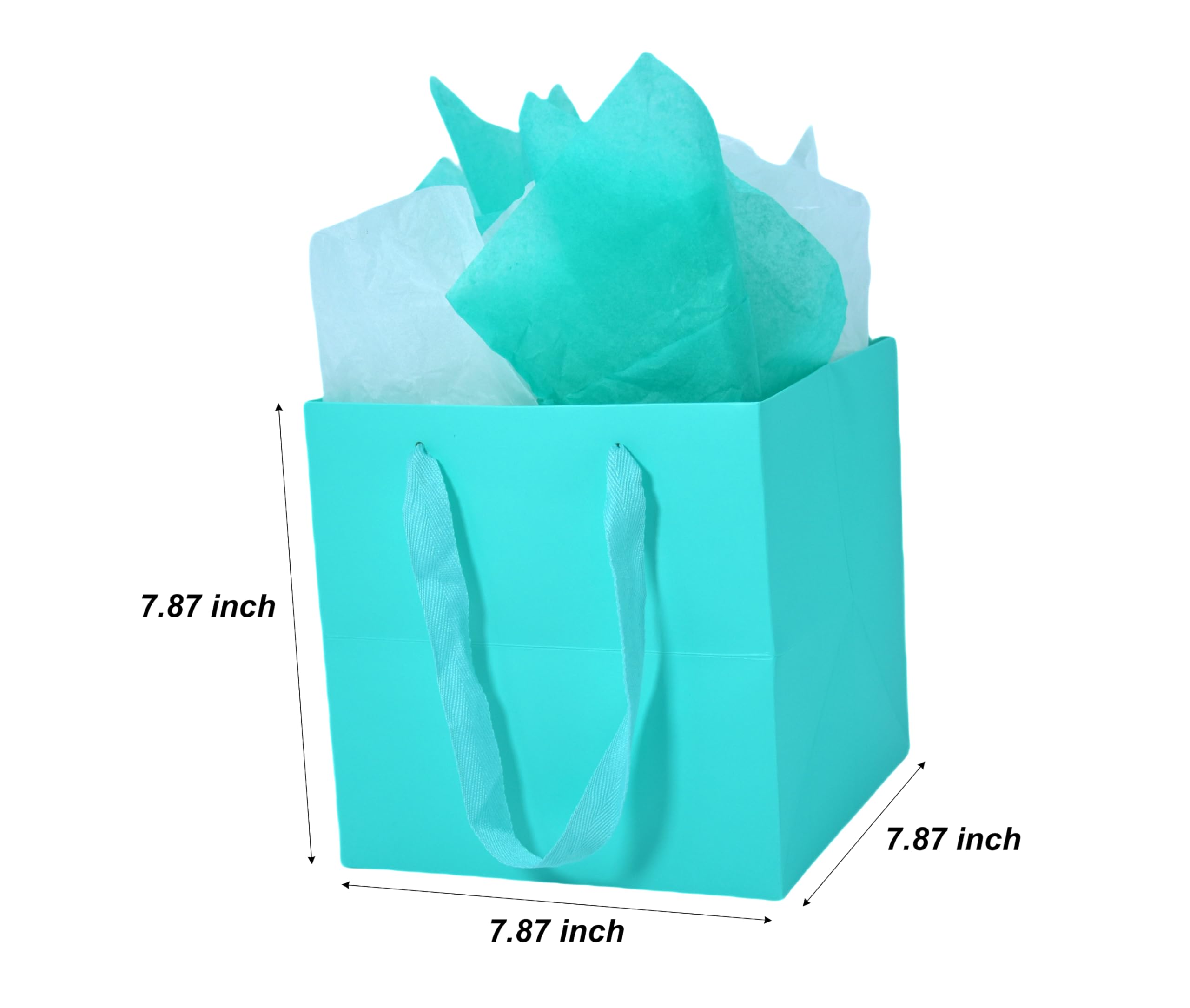JUNESHE 2 Pack Medium Square Gift Bags with Handles & Tissue Paper, 7.87 inch Blue Paper Bag for Birthday Party Favors Baby Bridal Shower Presents Wedding Anniversary