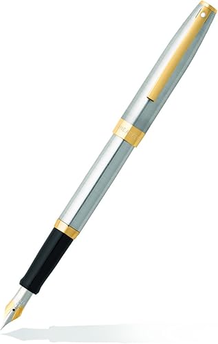 Miniatura 2 de Sheaffer Sagaris - Pluma estilográfica de punta media, cromo cepillado, ribete dorado (E0947353)